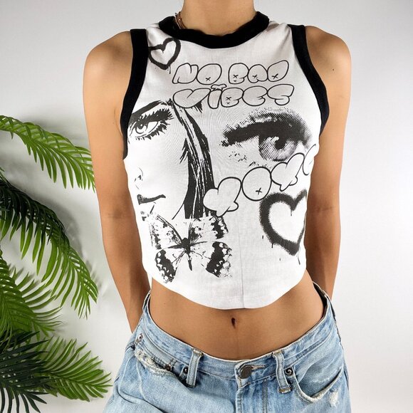 Y2K Style Garage Black & White Graphic Grunge Streetwear Cropped Tank Top / S - Picture 3 of 6